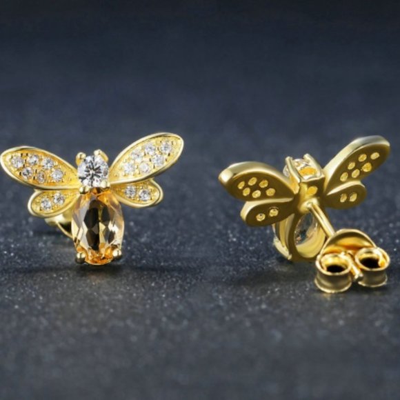 Bee stud earrings citrine yellow gold brand new - Picture 2 of 4